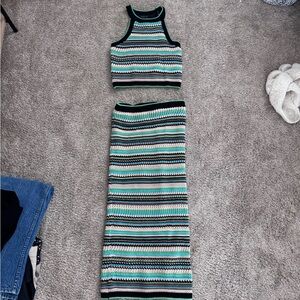 Rachel Zoe Striped Knit Crop Top & Skirt Set - Black, Green, Cream, Aqua